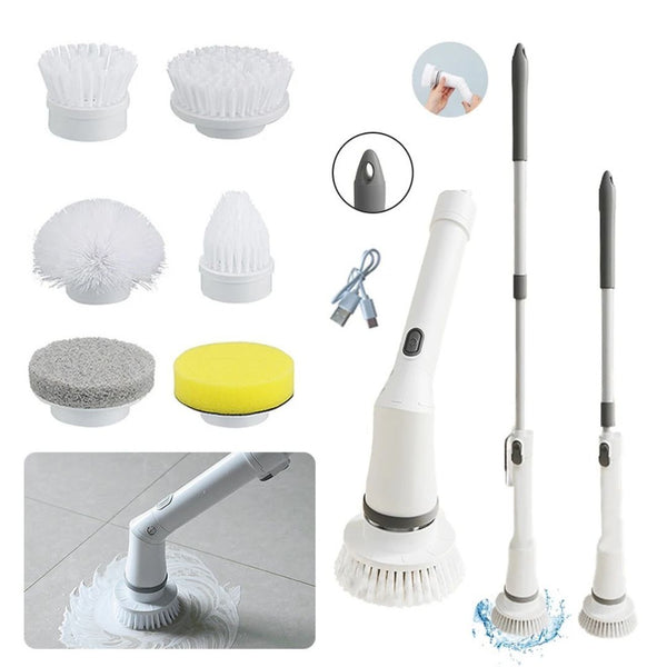 6 In 1 Electric Spin Scrubber - Extendable Handheld Cable-Free Power Brush Home Bathroom Cleaning Tool Floor Toilet Window Cleaner