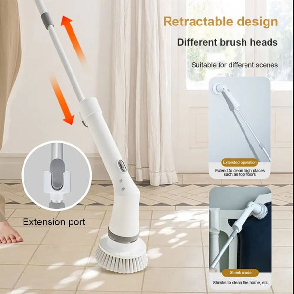 6 In 1 Electric Spin Scrubber - Extendable Handheld Cable-Free Power Brush Home Bathroom Cleaning Tool Floor Toilet Window Cleaner